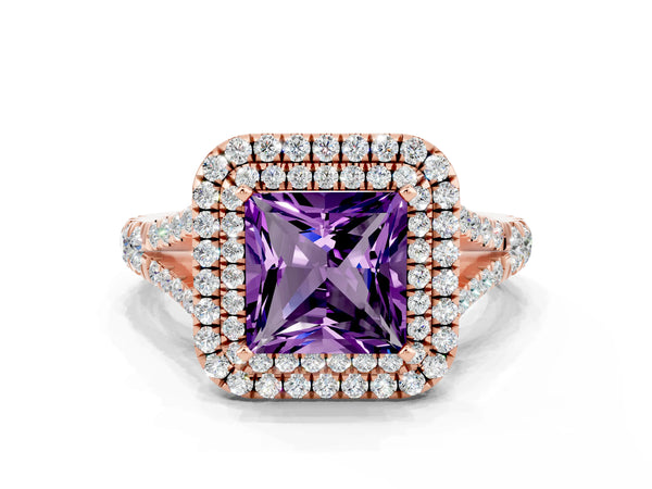 Rose gold Princess Cut Amethyst Double Halo Ring with Split Shank and Prong Setting