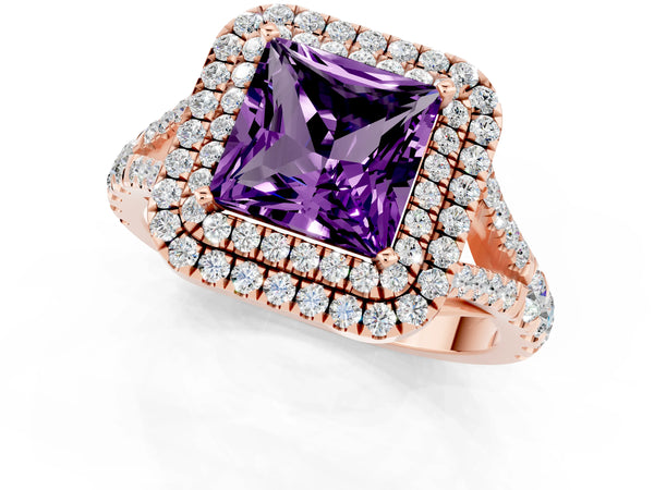 Rose gold Princess Cut Amethyst Double Halo Ring with Split Shank and Prong Setting
