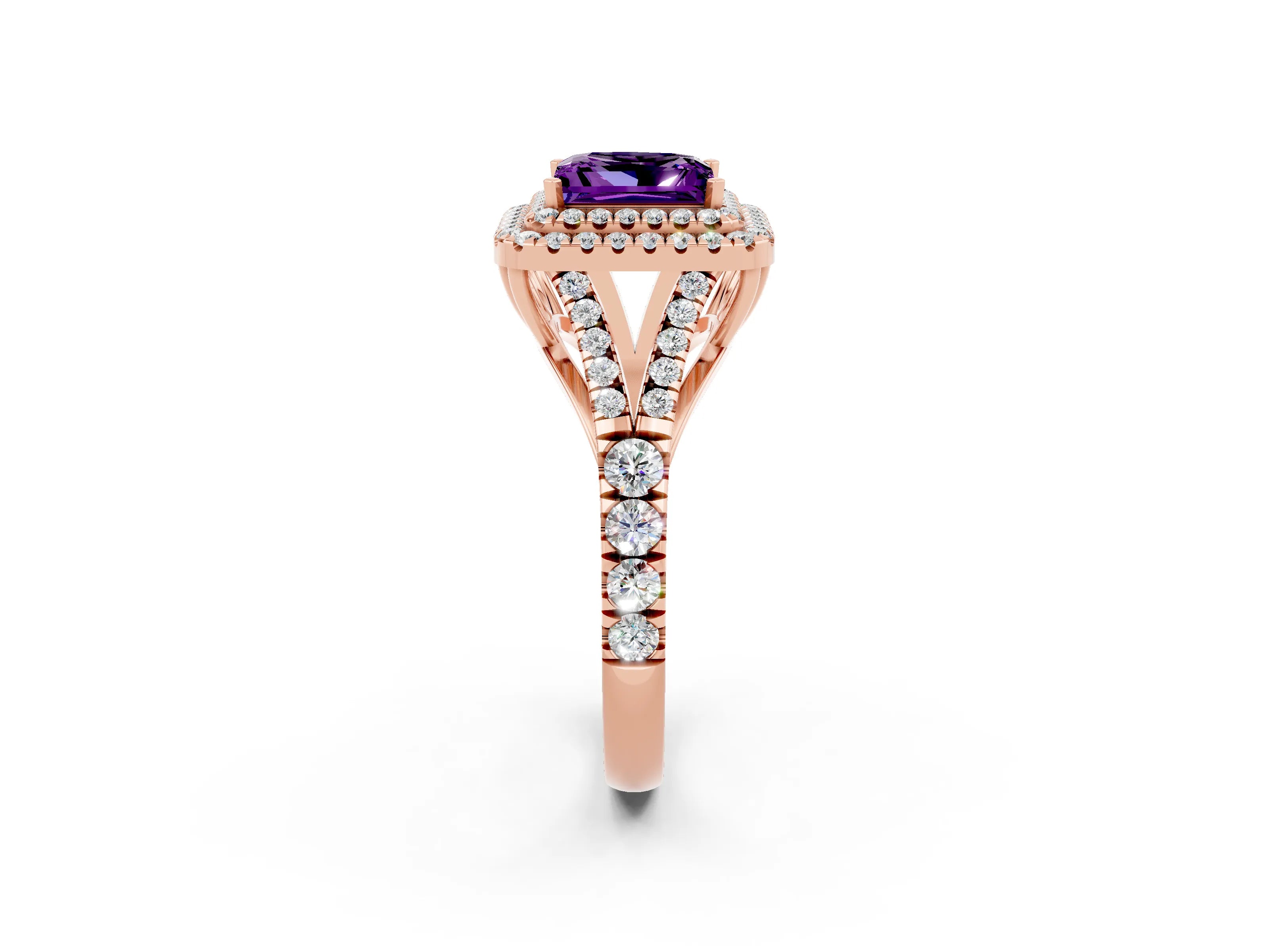 Rose gold Princess Cut Amethyst Double Halo Ring with Split Shank and Prong Setting_14