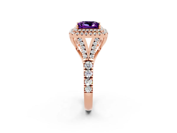 Rose gold Princess Cut Amethyst Double Halo Ring with Split Shank and Prong Setting