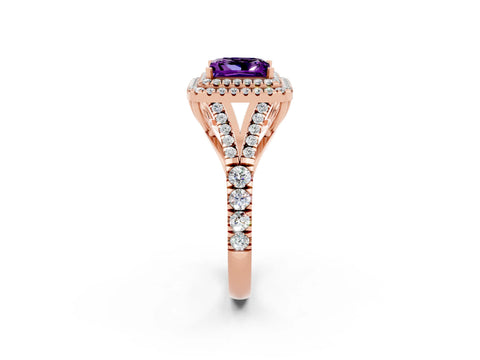Rose gold Princess Cut Amethyst Double Halo Ring with Split Shank and Prong Setting_14