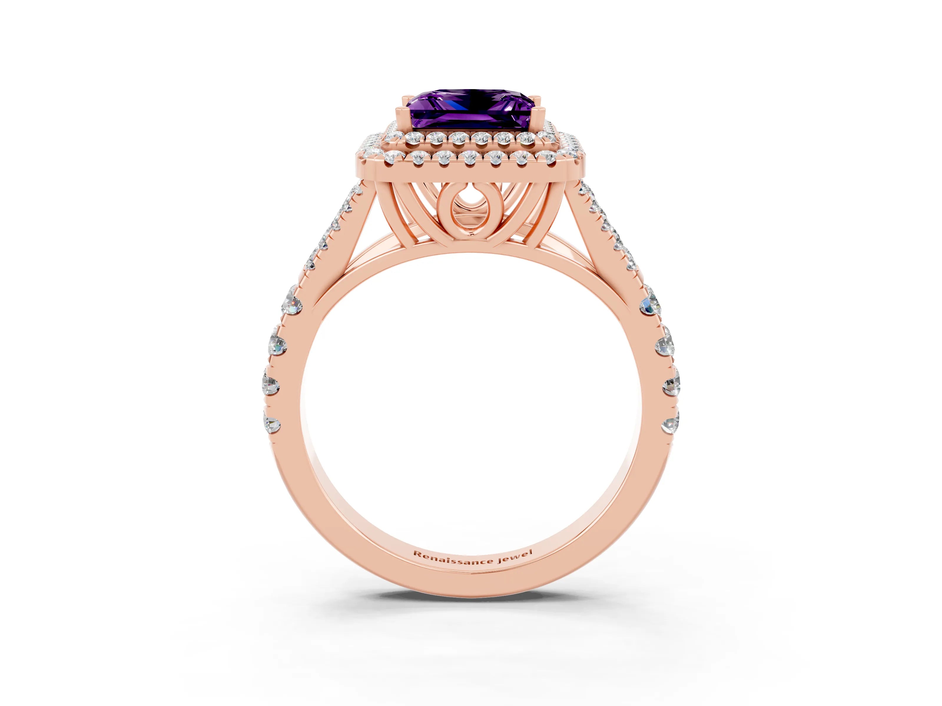 Rose gold Princess Cut Amethyst Double Halo Ring with Split Shank and Prong Setting_15