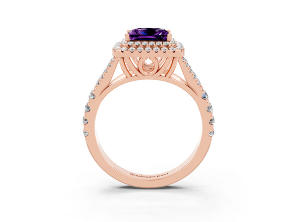 Rose gold Princess Cut Amethyst Double Halo Ring with Split Shank and Prong Setting