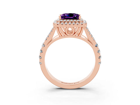 Rose gold Princess Cut Amethyst Double Halo Ring with Split Shank and Prong Setting_15