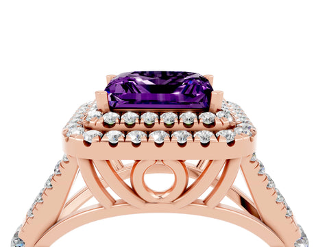 Rose gold Princess Cut Amethyst Double Halo Ring with Split Shank and Prong Setting_16
