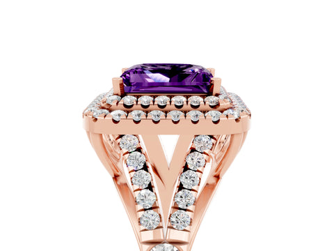 Rose gold Princess Cut Amethyst Double Halo Ring with Split Shank and Prong Setting_17