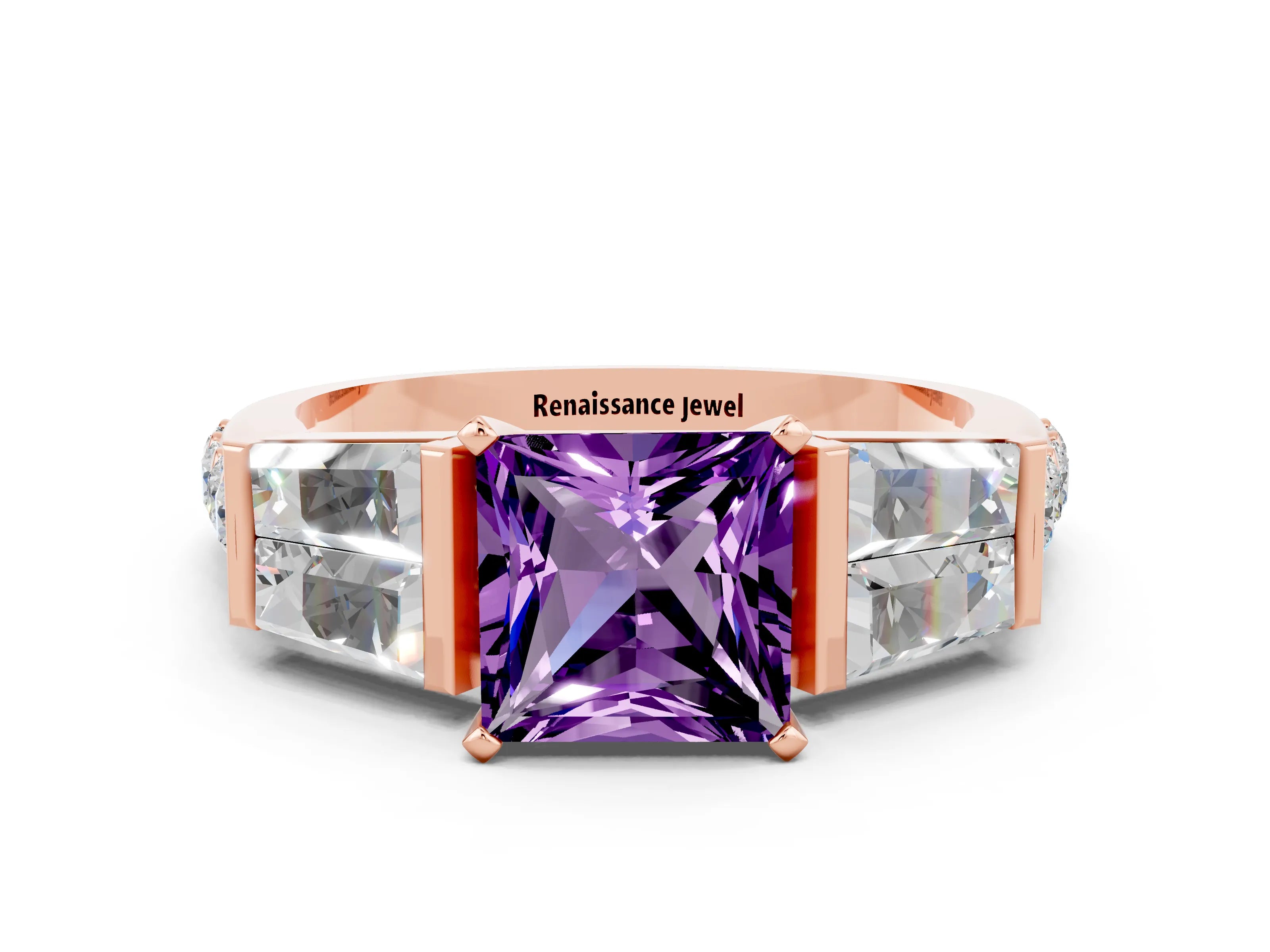 Rose gold Princess Cut Amethyst Engagement Ring with Baguette Side Stones and Channel Set Band