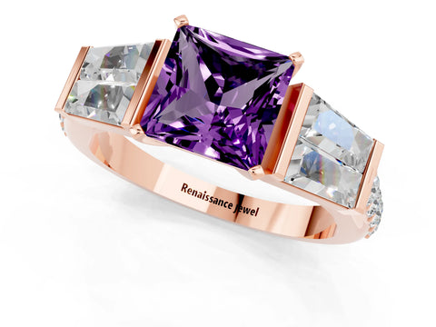 Rose gold Princess Cut Amethyst Engagement Ring with Baguette Side Stones and Channel Set Band_1