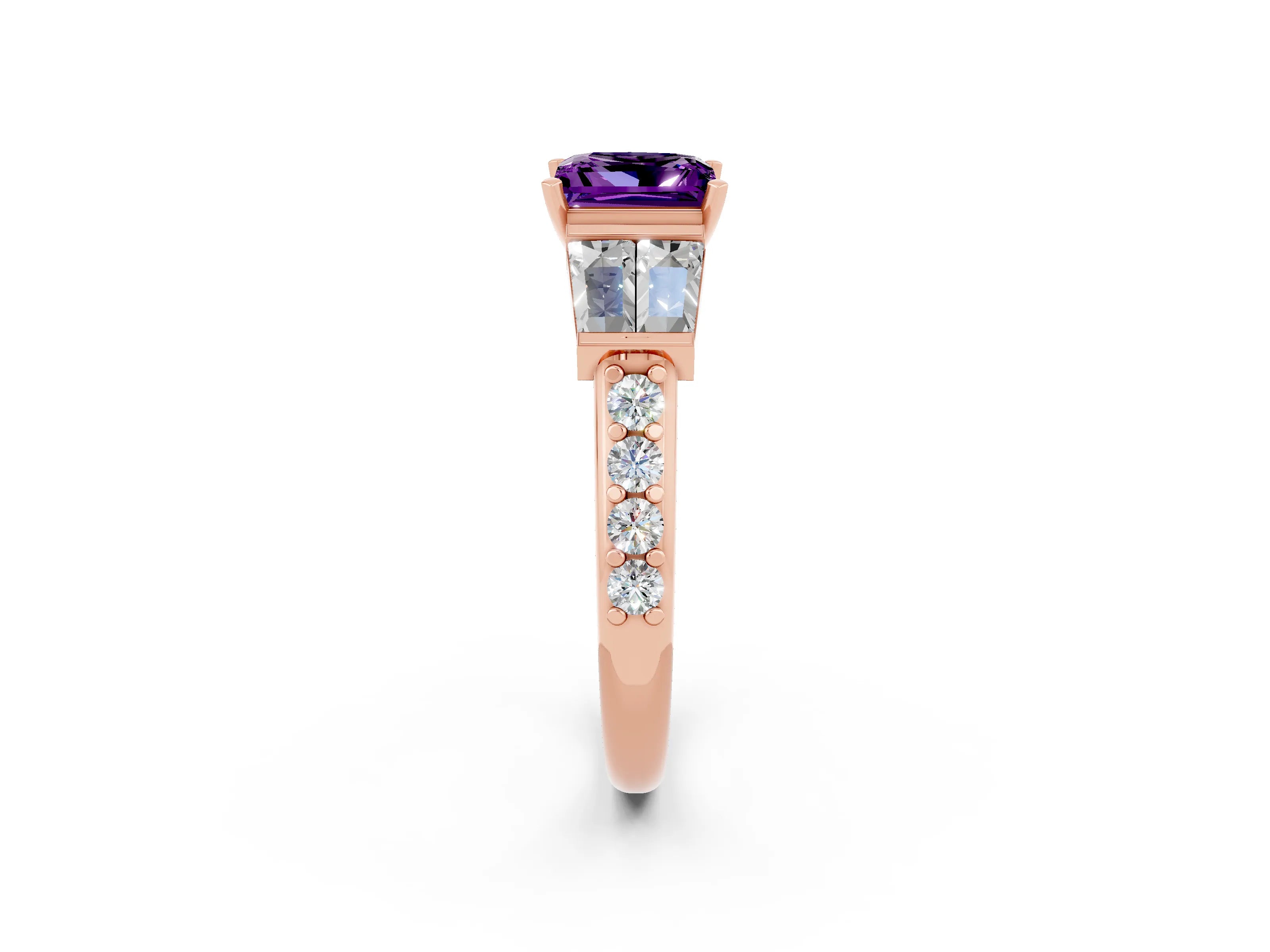 Rose gold Princess Cut Amethyst Engagement Ring with Baguette Side Stones and Channel Set Band_2
