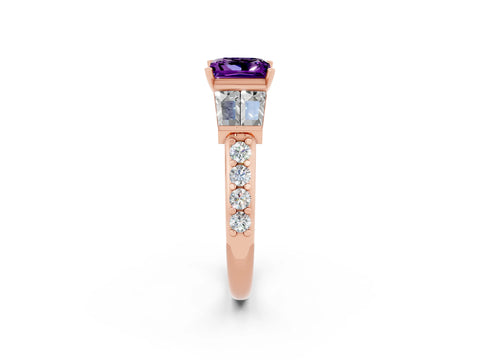 Rose gold Princess Cut Amethyst Engagement Ring with Baguette Side Stones and Channel Set Band_2