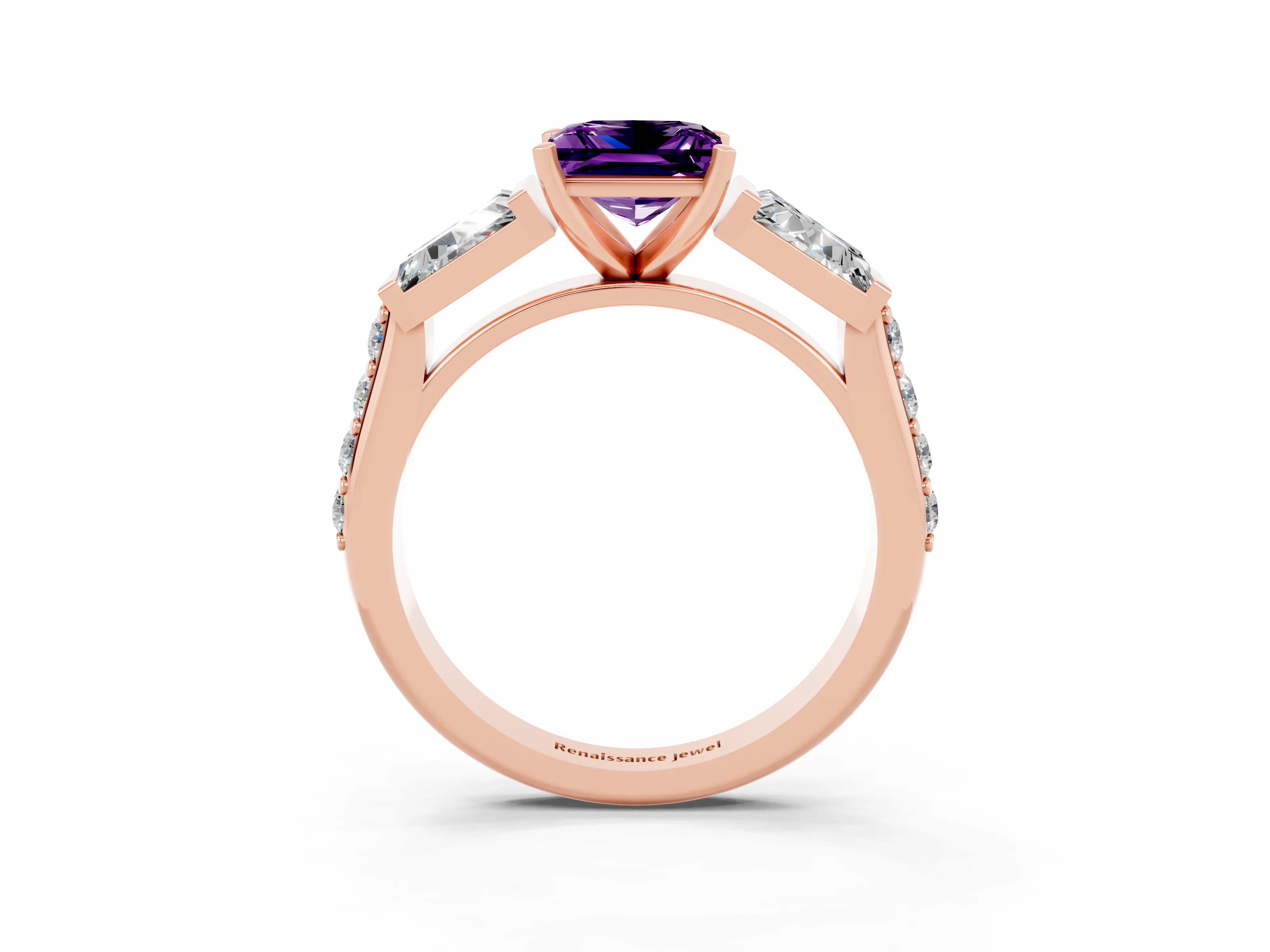 Rose gold Princess Cut Amethyst Engagement Ring with Baguette Side Stones and Channel Set Band_3