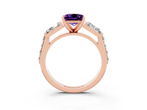 Rose gold Princess Cut Amethyst Engagement Ring with Baguette Side Stones and Channel Set Band_3