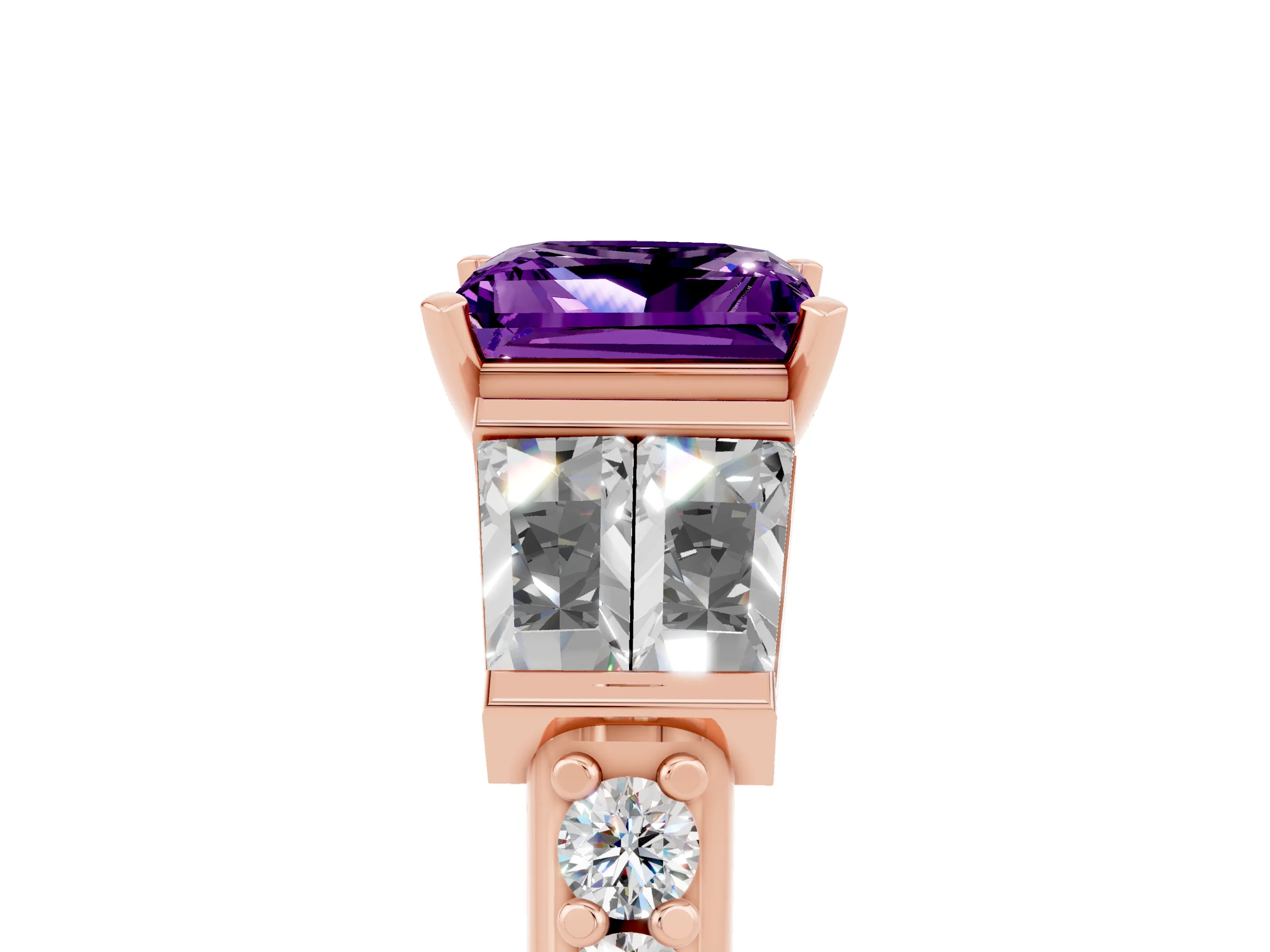 Rose gold Princess Cut Amethyst Engagement Ring with Baguette Side Stones and Channel Set Band_5