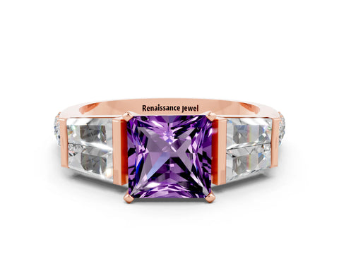 Rose gold Princess Cut Amethyst Engagement Ring with Baguette Side Stones and Channel Set Band