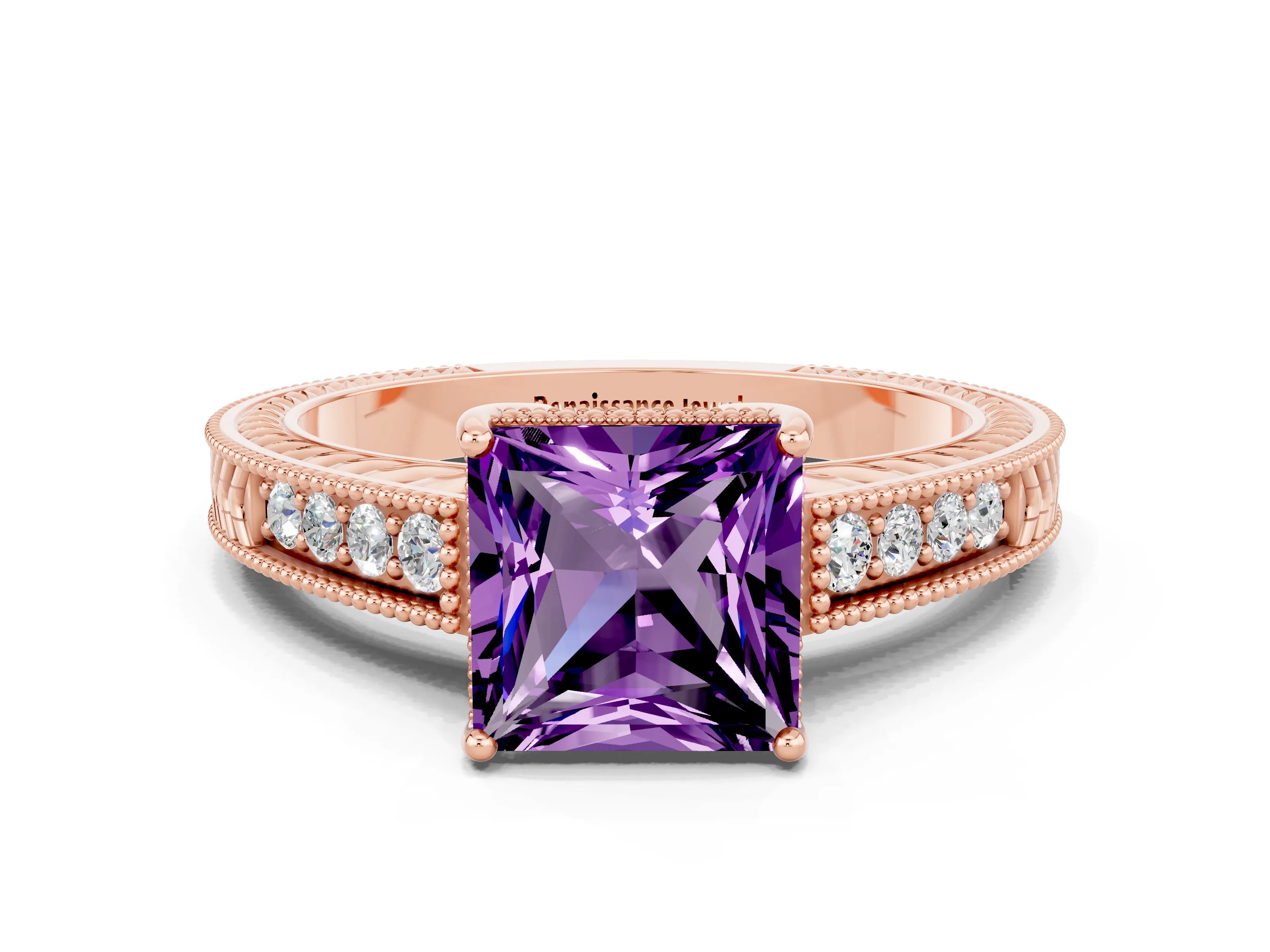 Rose gold Princess Cut Amethyst Engagement Ring with Milgrain Channel Set Band and Prong Setting