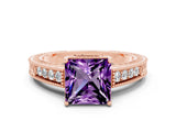 Rose gold Princess Cut Amethyst Engagement Ring with Milgrain Channel Set Band and Prong Setting