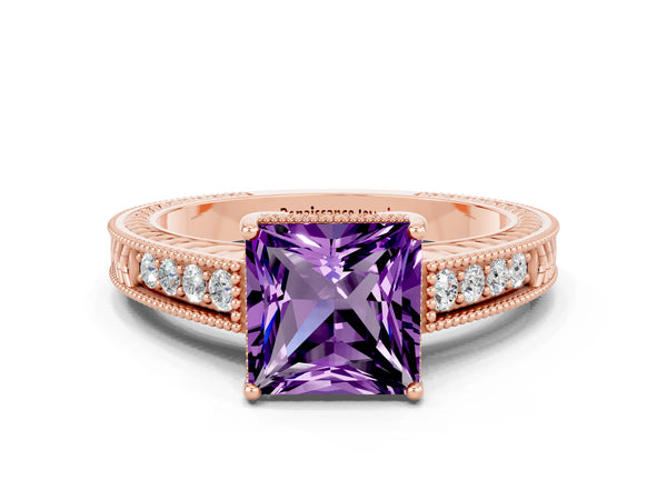 Rose gold Princess Cut Amethyst Engagement Ring with Milgrain Channel Set Band and Prong Setting