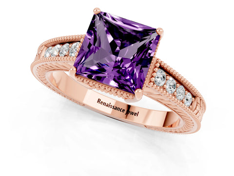 Rose gold Princess Cut Amethyst Engagement Ring with Milgrain Channel Set Band and Prong Setting_1