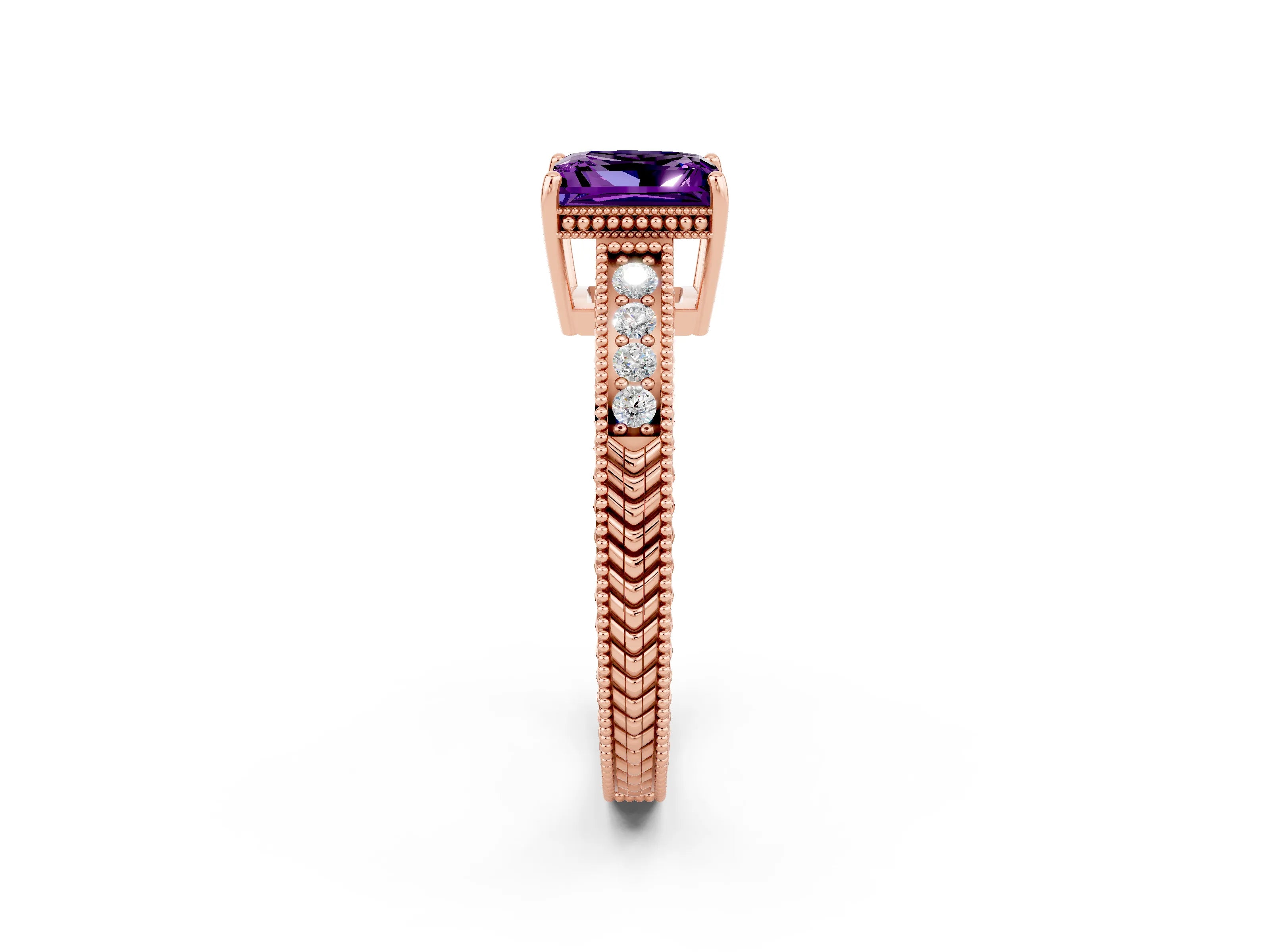 Rose gold Princess Cut Amethyst Engagement Ring with Milgrain Channel Set Band and Prong Setting_2