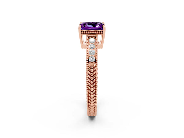 Rose gold Princess Cut Amethyst Engagement Ring with Milgrain Channel Set Band and Prong Setting