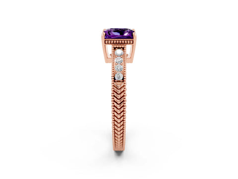 Rose gold Princess Cut Amethyst Engagement Ring with Milgrain Channel Set Band and Prong Setting_2