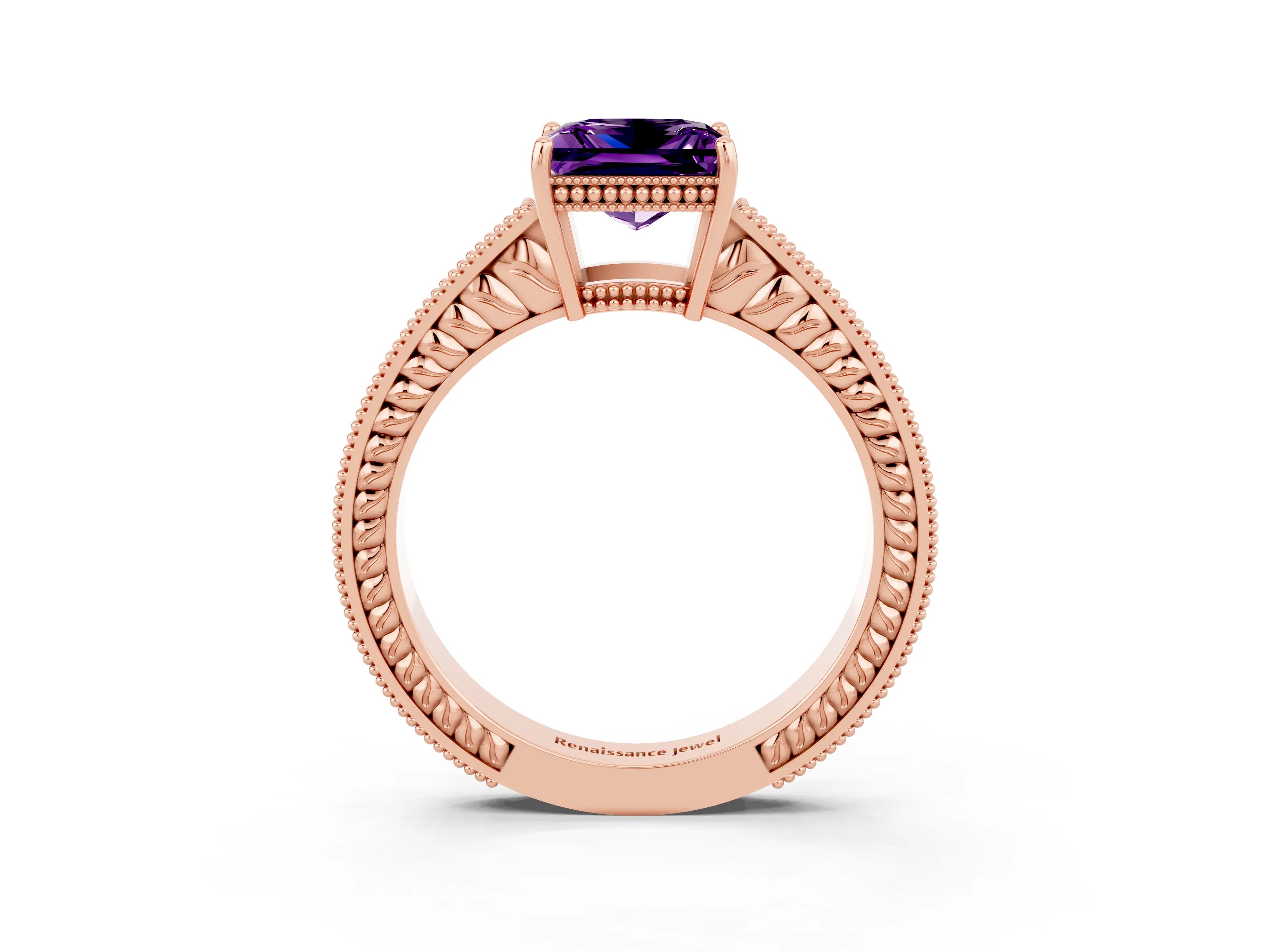 Rose gold Princess Cut Amethyst Engagement Ring with Milgrain Channel Set Band and Prong Setting_3