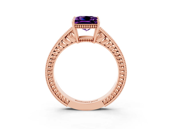 Rose gold Princess Cut Amethyst Engagement Ring with Milgrain Channel Set Band and Prong Setting