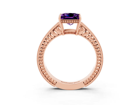 Rose gold Princess Cut Amethyst Engagement Ring with Milgrain Channel Set Band and Prong Setting_3