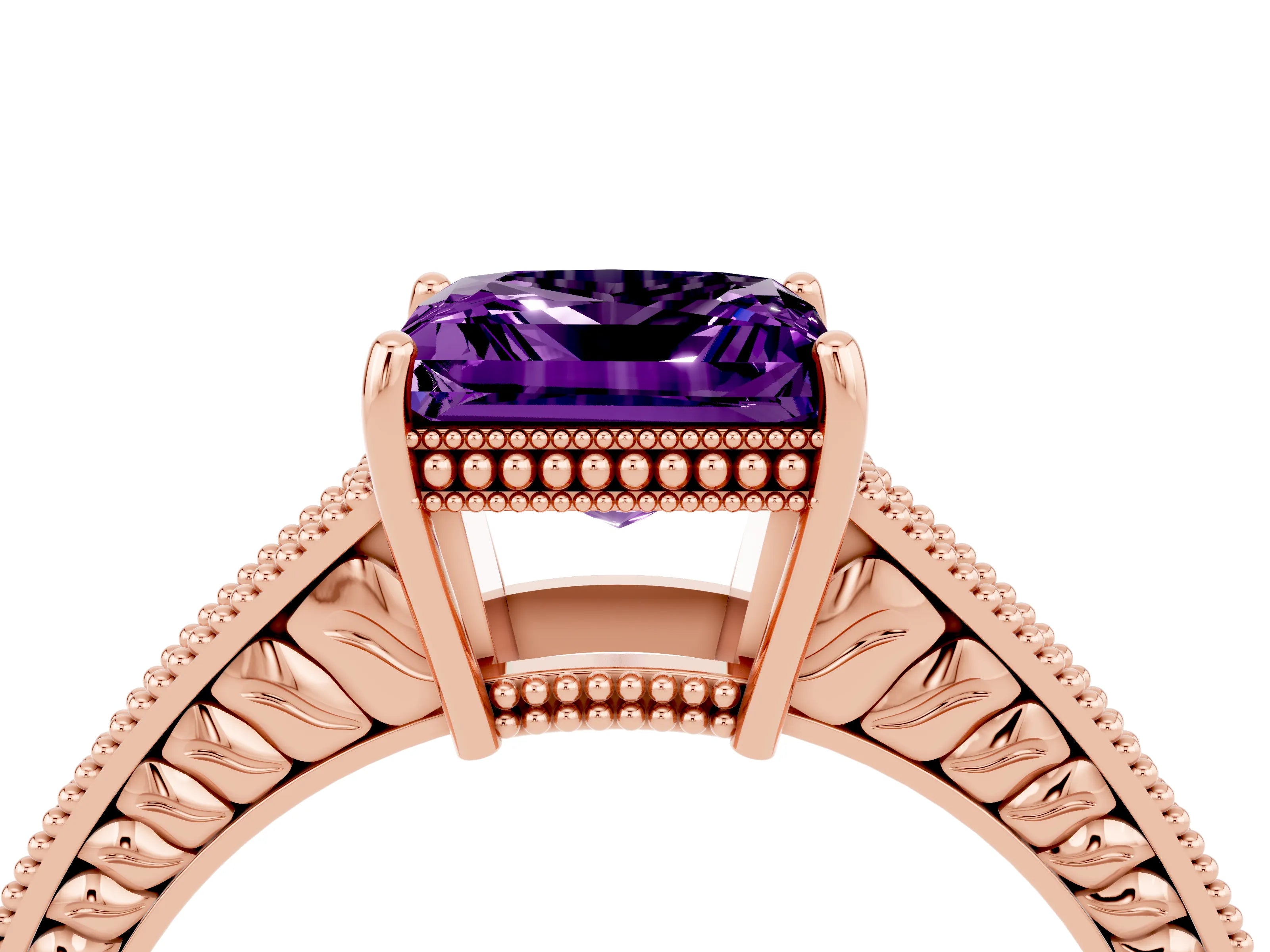 Rose gold Princess Cut Amethyst Engagement Ring with Milgrain Channel Set Band and Prong Setting_4
