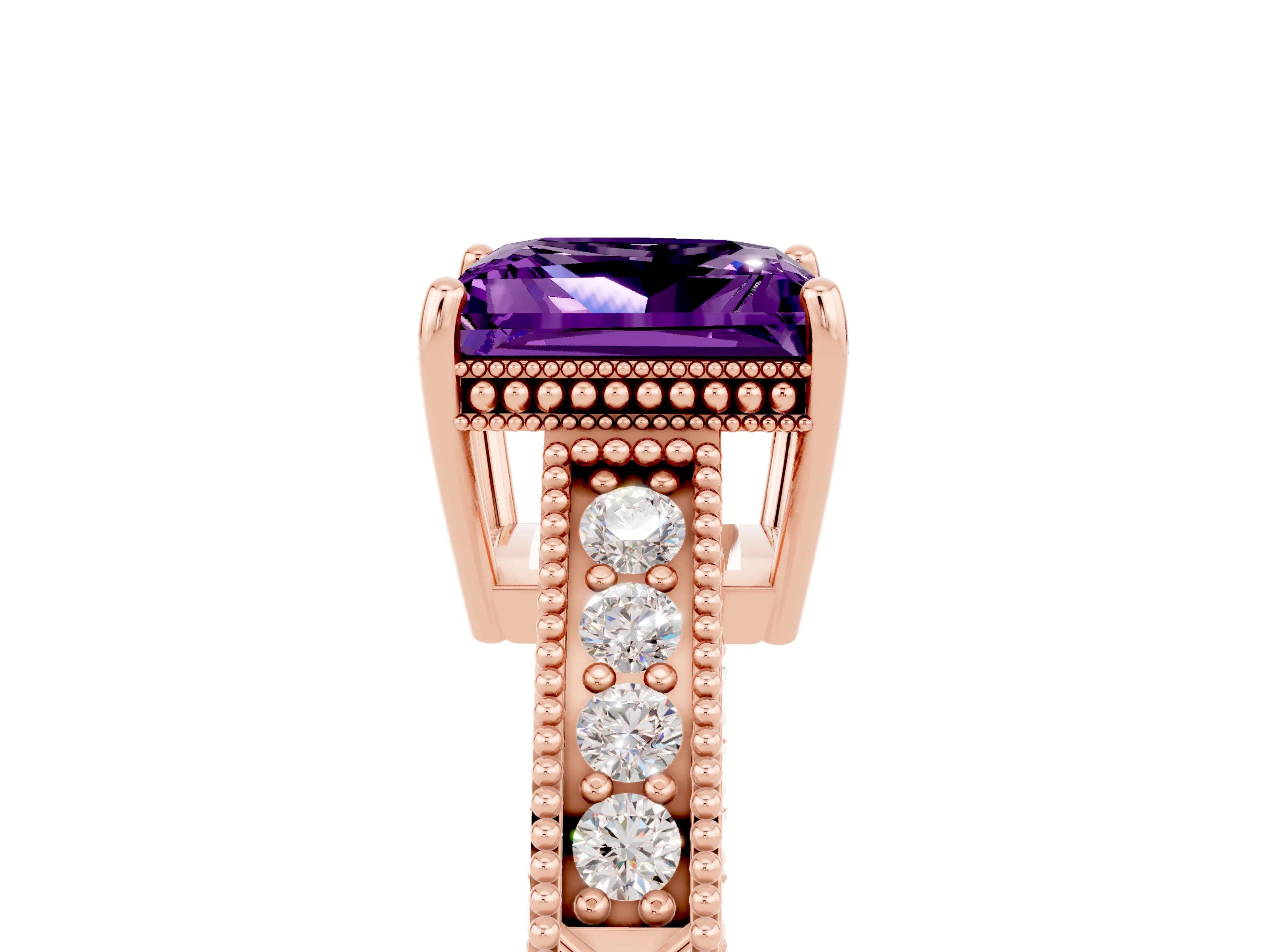 Rose gold Princess Cut Amethyst Engagement Ring with Milgrain Channel Set Band and Prong Setting_5