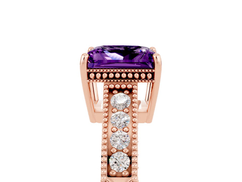 Rose gold Princess Cut Amethyst Engagement Ring with Milgrain Channel Set Band and Prong Setting_5