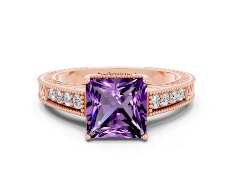 Rose gold Princess Cut Amethyst Engagement Ring with Milgrain Channel Set Band and Prong Setting