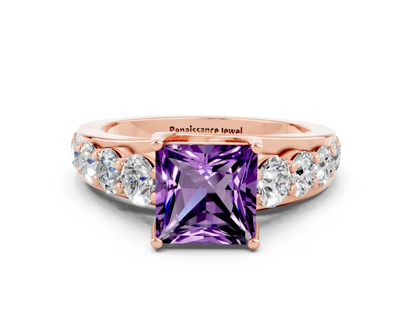 Rose gold Princess Cut Amethyst Engagement Ring with Pavé Band and Four-Prong Setting