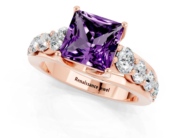 Rose gold Princess Cut Amethyst Engagement Ring with Pavé Band and Four-Prong Setting
