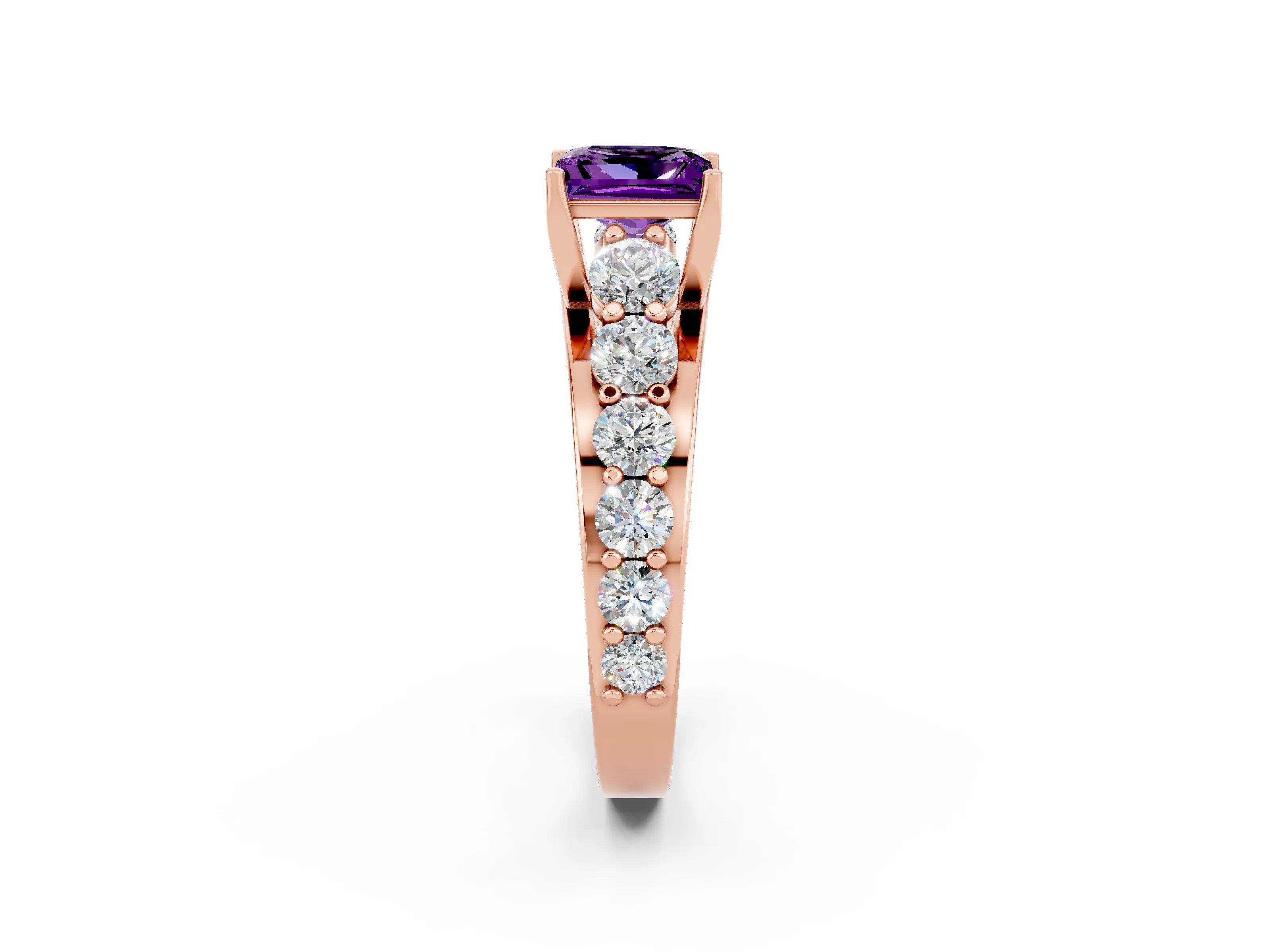 Rose gold Princess Cut Amethyst Engagement Ring with Pavé Band and Four-Prong Setting_2