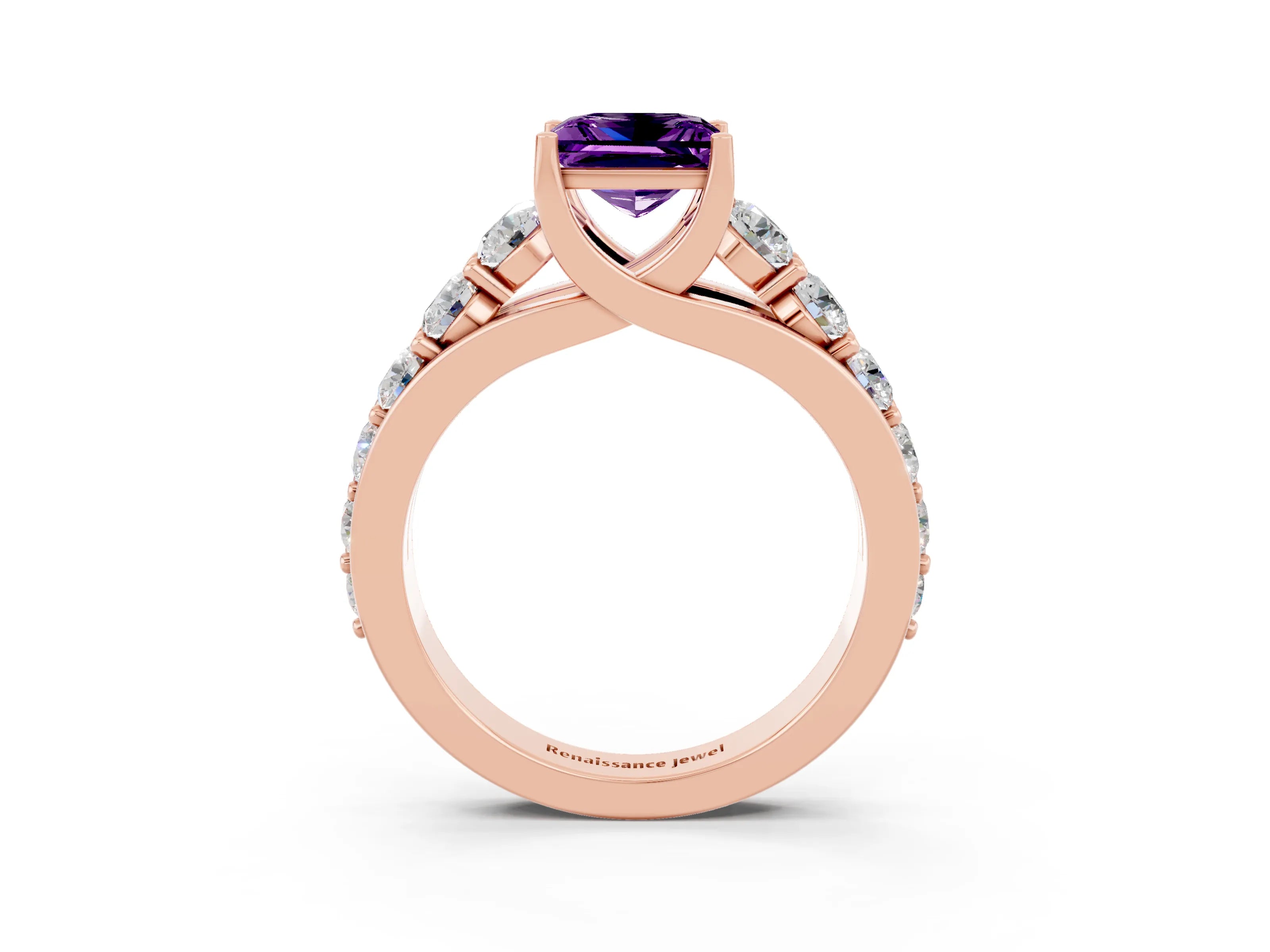 Rose gold Princess Cut Amethyst Engagement Ring with Pavé Band and Four-Prong Setting_3