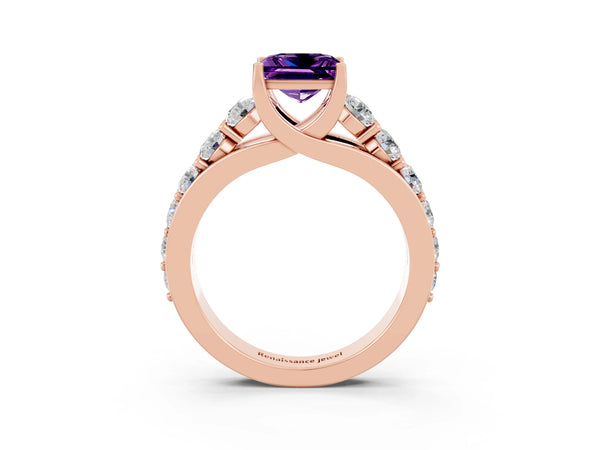 Rose gold Princess Cut Amethyst Engagement Ring with Pavé Band and Four-Prong Setting