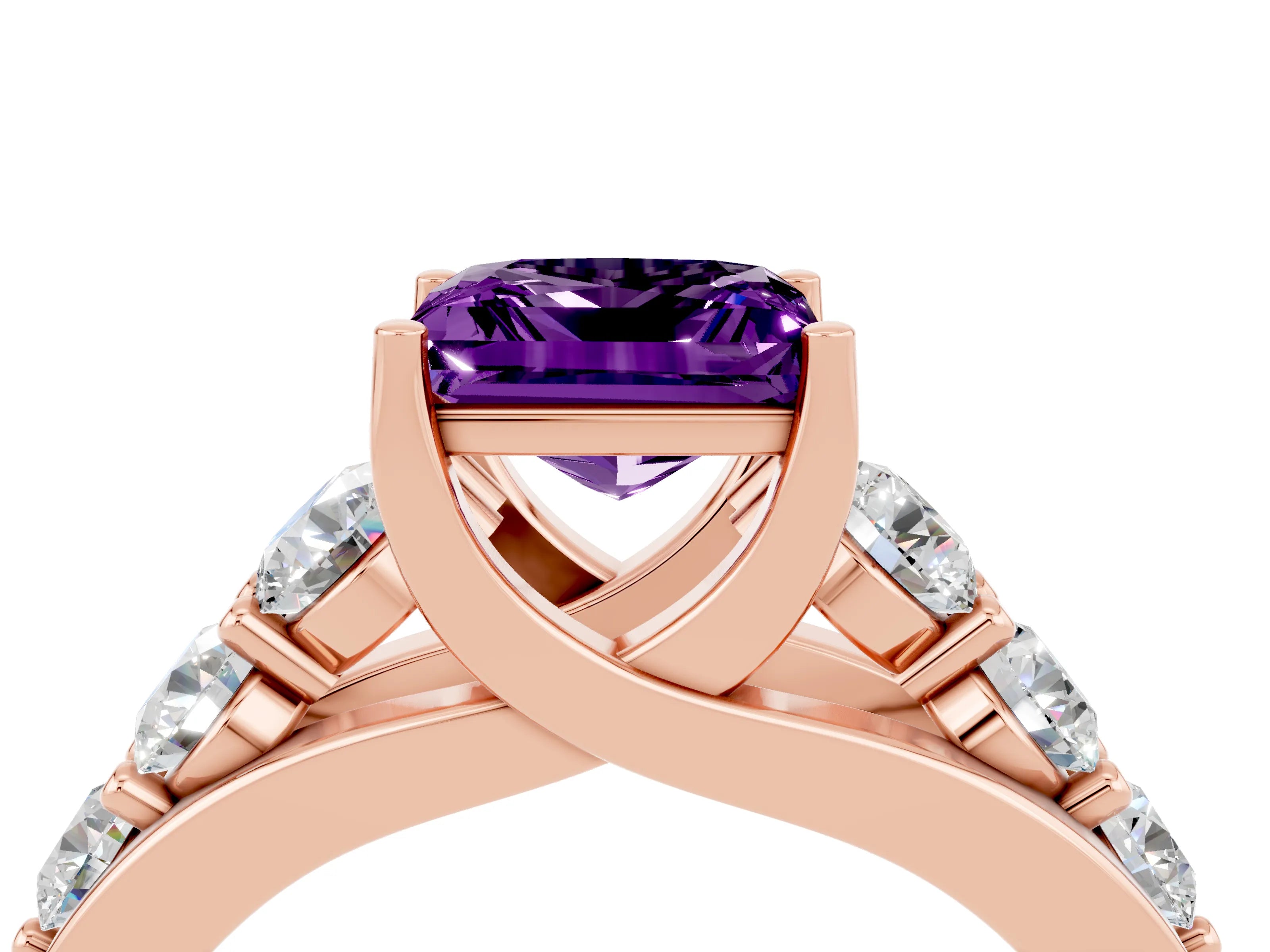 Rose gold Princess Cut Amethyst Engagement Ring with Pavé Band and Four-Prong Setting_4