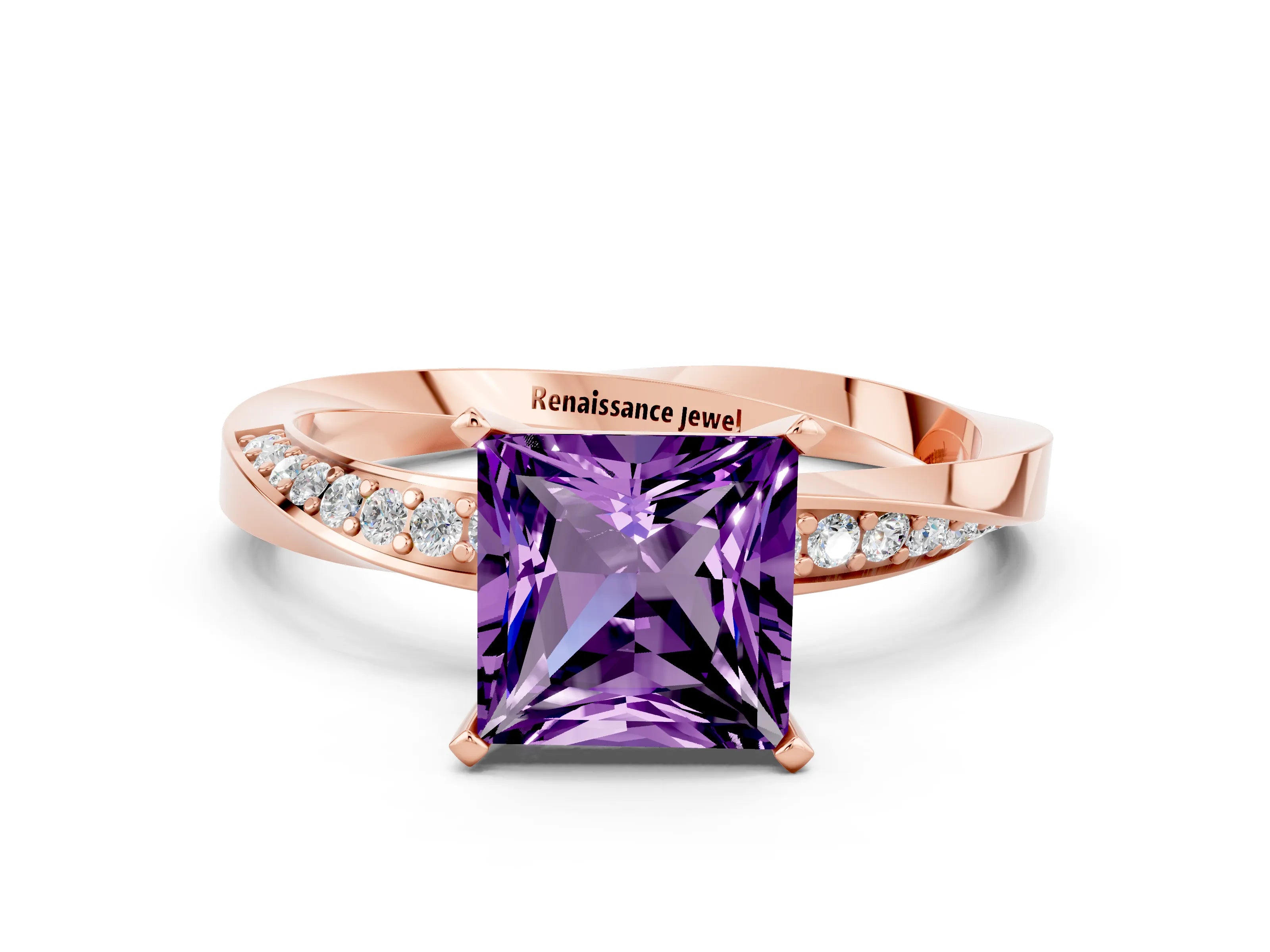 Rose gold Princess Cut Amethyst Engagement Ring with Side Stone Accents and Four-Prong Setting_39