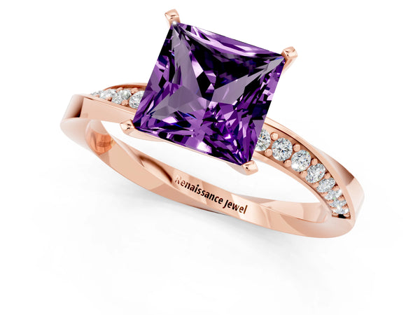 Rose gold Princess Cut Amethyst Engagement Ring with Side Stone Accents and Four-Prong Setting