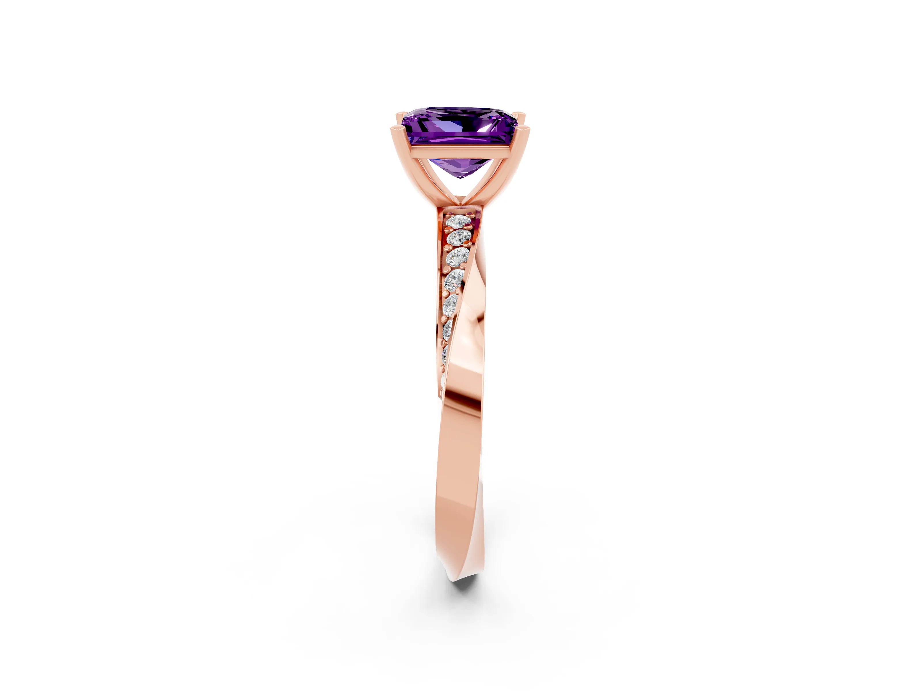 Rose gold Princess Cut Amethyst Engagement Ring with Side Stone Accents and Four-Prong Setting_41