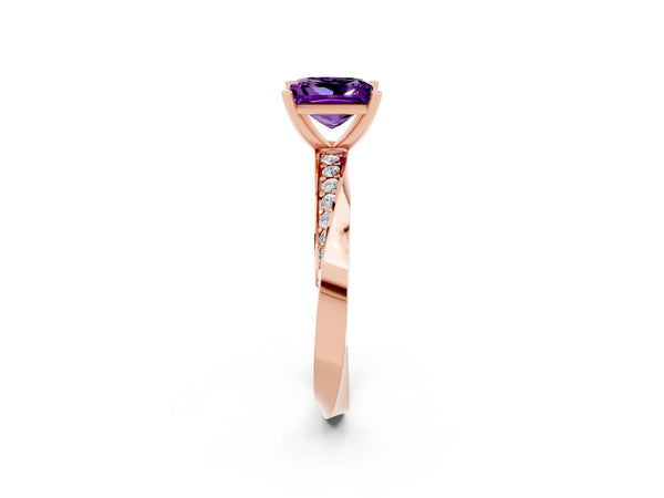 Rose gold Princess Cut Amethyst Engagement Ring with Side Stone Accents and Four-Prong Setting