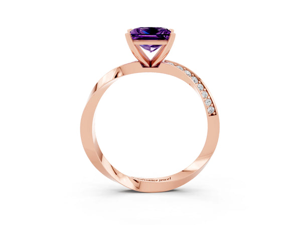 Rose gold Princess Cut Amethyst Engagement Ring with Side Stone Accents and Four-Prong Setting