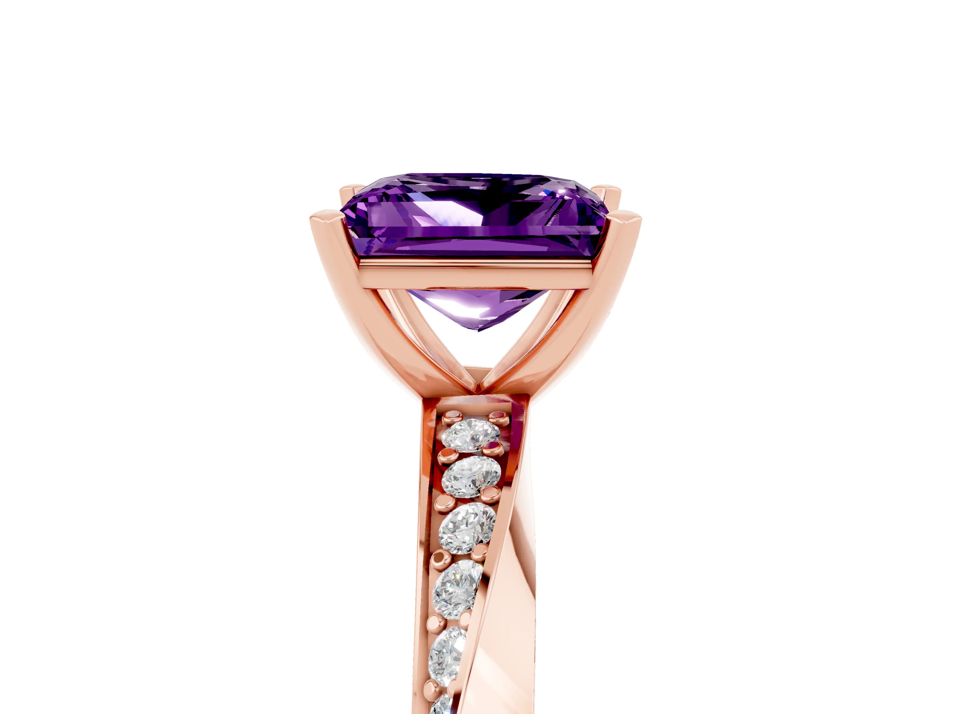Rose gold Princess Cut Amethyst Engagement Ring with Side Stone Accents and Four-Prong Setting_44