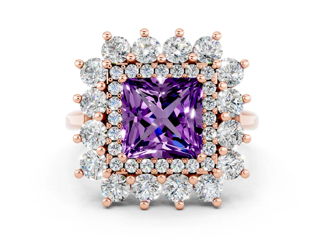 Rose gold Princess Cut Amethyst Floral Double Halo Engagement Ring with Prong Setting_61