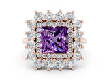 Rose gold Princess Cut Amethyst Floral Double Halo Engagement Ring with Prong Setting_61