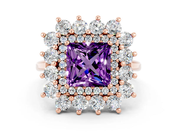 Rose gold Princess Cut Amethyst Floral Double Halo Engagement Ring with Prong Setting