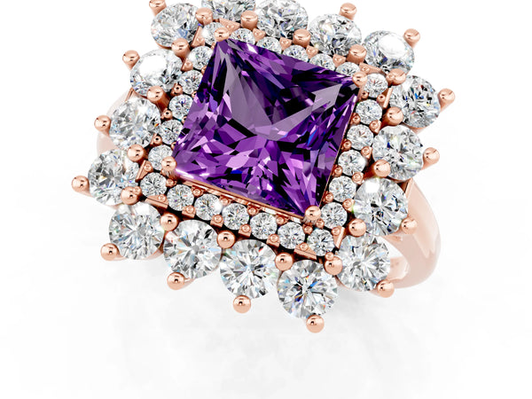 Rose gold Princess Cut Amethyst Floral Double Halo Engagement Ring with Prong Setting