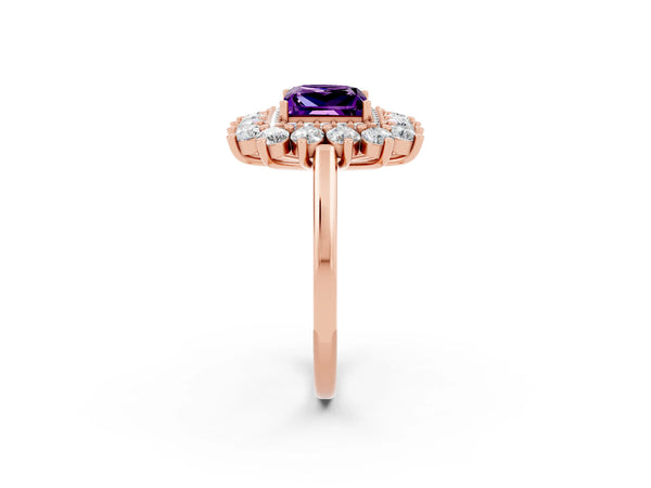 Rose gold Princess Cut Amethyst Floral Double Halo Engagement Ring with Prong Setting