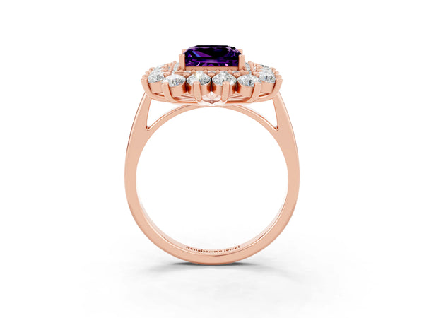 Rose gold Princess Cut Amethyst Floral Double Halo Engagement Ring with Prong Setting